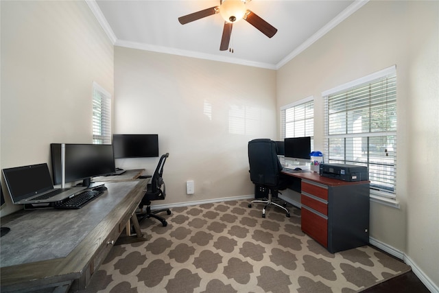 office space featuring ceiling fan and crown molding