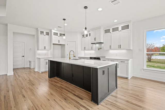 kitchen featuring a center island with sink, white cabinets, and light hardwood / wood-style floors