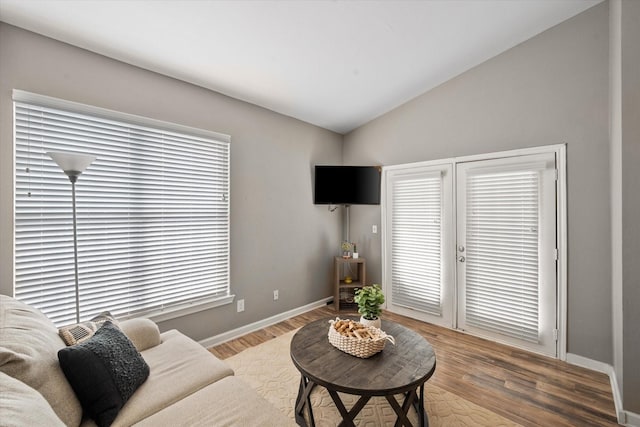 living room with vaulted ceiling and hardwood / wood-style floors