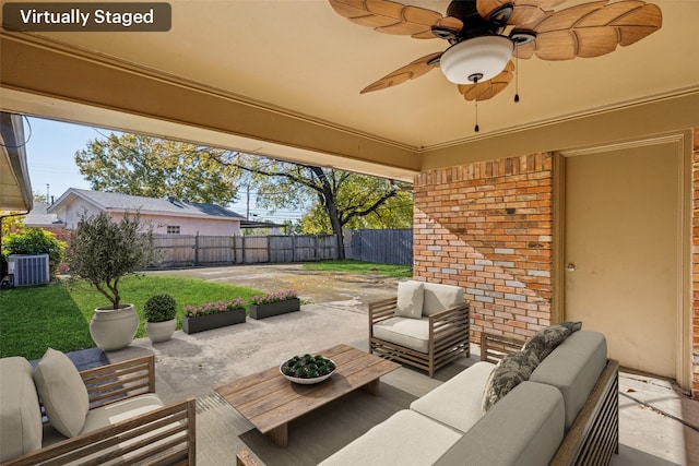 view of patio with outdoor lounge area, ceiling fan, and central AC unit