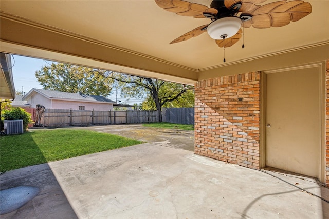 view of patio with ceiling fan and central air condition unit