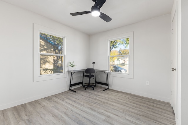 office space featuring ceiling fan and light hardwood / wood-style floors