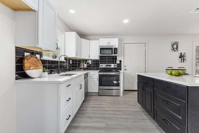 kitchen with appliances with stainless steel finishes, backsplash, sink, light hardwood / wood-style flooring, and white cabinetry