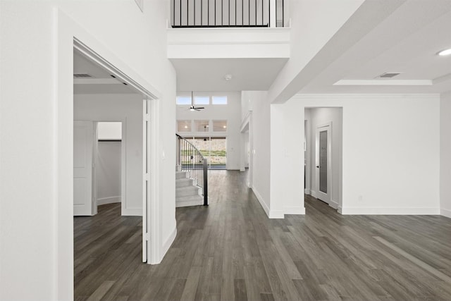 foyer with a towering ceiling and dark hardwood / wood-style flooring