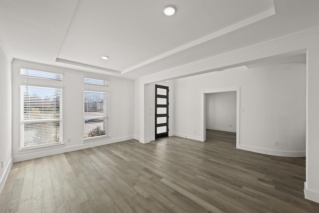 spare room featuring dark hardwood / wood-style floors and a tray ceiling