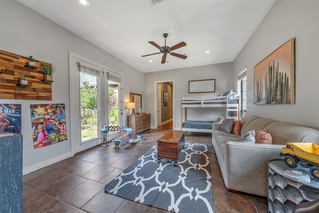 tiled living room with ceiling fan