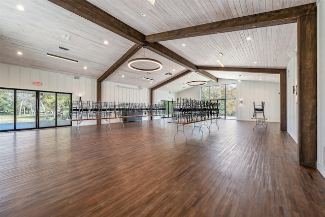 workout area with wooden ceiling, dark wood-type flooring, and lofted ceiling