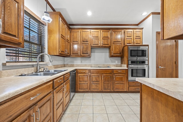 3917 Shumard Oak Dr, Plano, TX 75074 - kitchen with stainless steel appliances, brown cabinets, light countertops, ornamental molding, and light tile patterned flooring