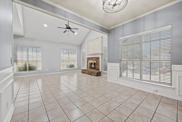 unfurnished living room featuring beam ceiling, high vaulted ceiling, a ceiling fan, stairway, and light tile patterned floors