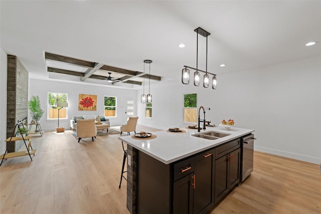 kitchen featuring ceiling fan, light hardwood / wood-style floors, sink, and a kitchen island with sink