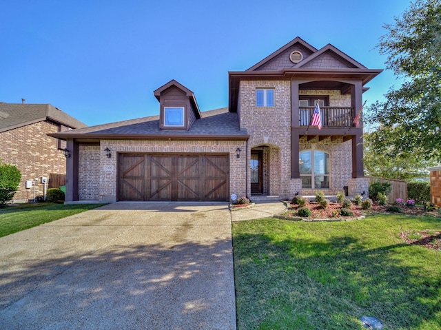 view of front of house with a garage, a balcony, and a front yard