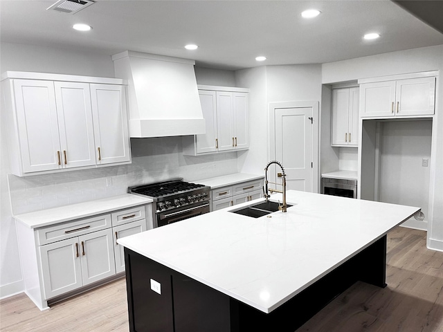 kitchen with premium range hood, sink, an island with sink, and appliances with stainless steel finishes