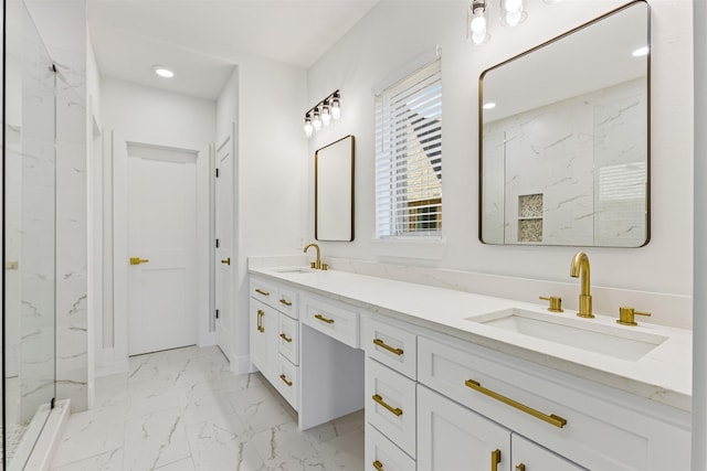 bathroom featuring vanity and tiled shower