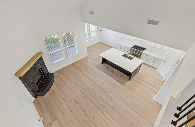 living room with a fireplace, a towering ceiling, light hardwood / wood-style floors, and sink