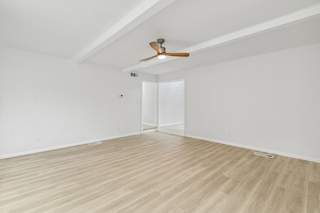 unfurnished room with ceiling fan, light hardwood / wood-style flooring, and beamed ceiling