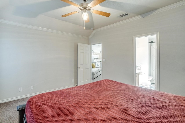 bedroom with ensuite bathroom, ornamental molding, ceiling fan, carpet floors, and lofted ceiling