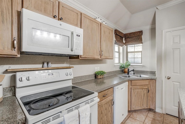 kitchen featuring ornamental molding, white appliances, vaulted ceiling, sink, and light tile patterned floors