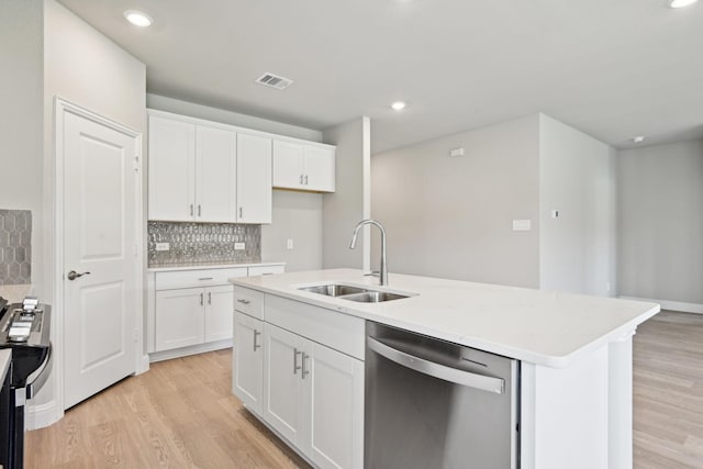 kitchen with white cabinets, a kitchen island with sink, sink, and appliances with stainless steel finishes