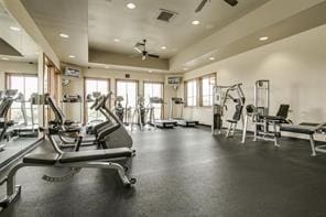 exercise room featuring ceiling fan, a wealth of natural light, and a tray ceiling