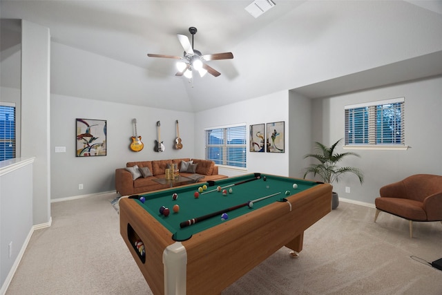 recreation room with ceiling fan, lofted ceiling, light carpet, and pool table