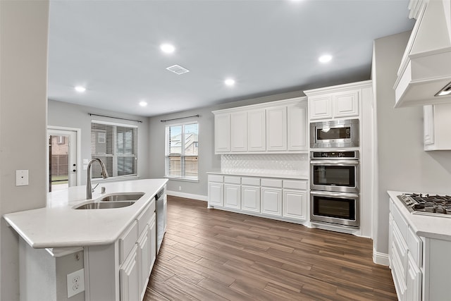 kitchen featuring appliances with stainless steel finishes, custom exhaust hood, dark wood-type flooring, sink, and white cabinetry