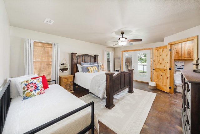 bedroom with ceiling fan, access to exterior, and french doors