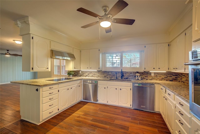 kitchen featuring exhaust hood, white cabinets, sink, kitchen peninsula, and stainless steel appliances