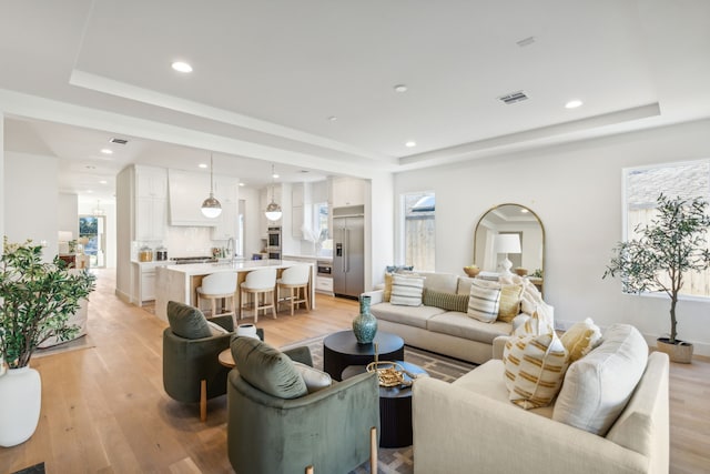 living room featuring a raised ceiling, sink, and light hardwood / wood-style flooring