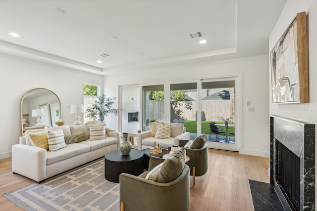 living room featuring hardwood / wood-style floors and a premium fireplace