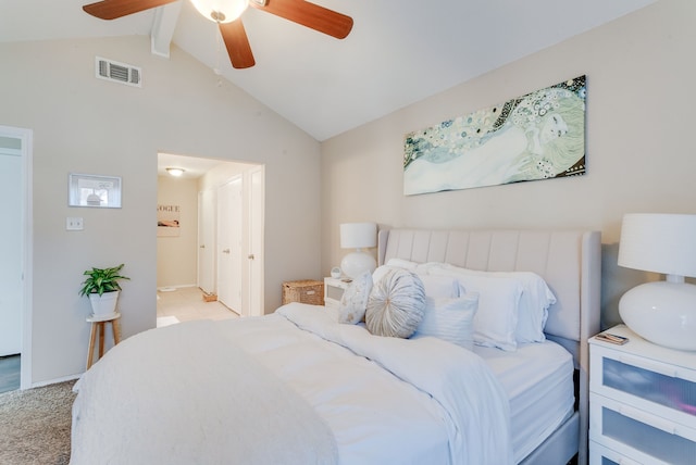 bedroom featuring lofted ceiling with beams and ceiling fan