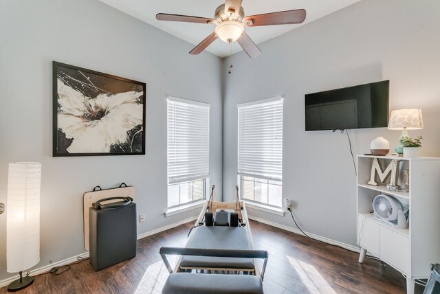 living area featuring dark hardwood / wood-style floors and ceiling fan