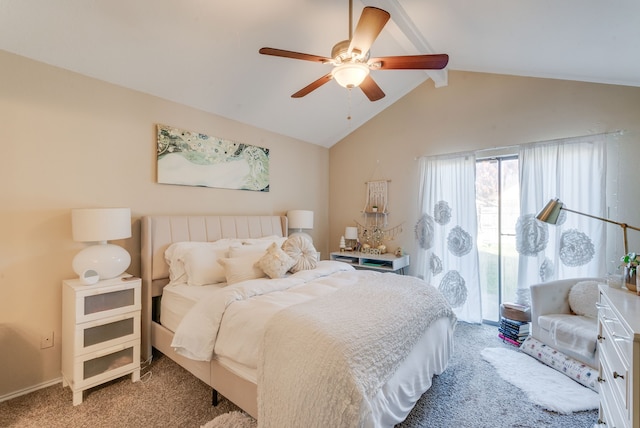 bedroom featuring lofted ceiling with beams, ceiling fan, and carpet floors