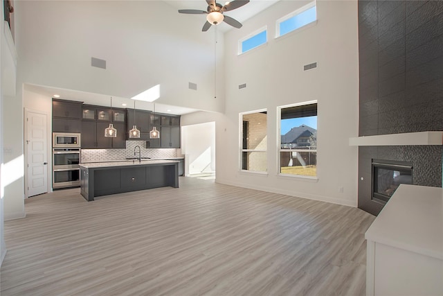 kitchen with sink, light hardwood / wood-style flooring, a kitchen island with sink, stainless steel appliances, and a fireplace