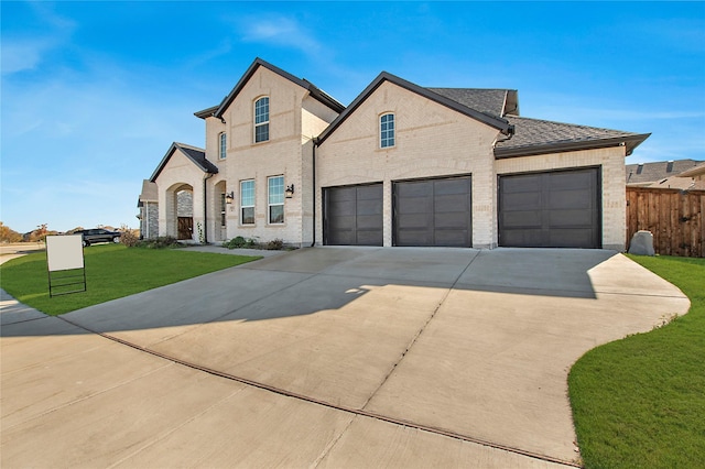 french country style house featuring a garage and a front lawn