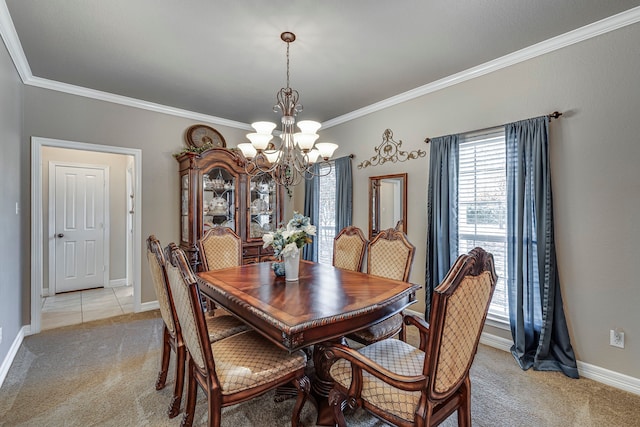 carpeted dining area with ornamental molding and a notable chandelier