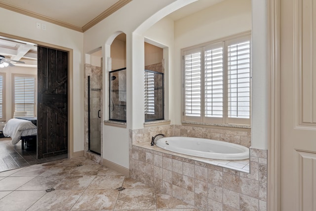 bathroom featuring plenty of natural light, separate shower and tub, crown molding, and ceiling fan