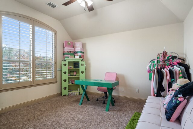 playroom with carpet flooring, ceiling fan, and lofted ceiling