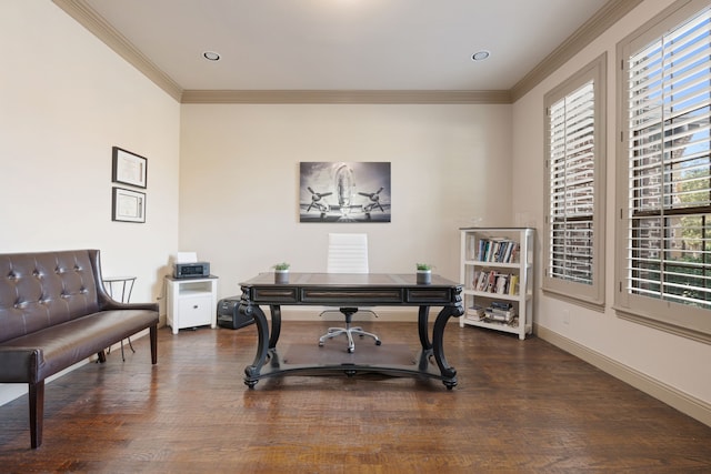 office area featuring dark hardwood / wood-style flooring and ornamental molding