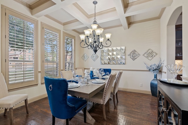 dining space featuring dark wood-type flooring, coffered ceiling, beam ceiling, and a wealth of natural light