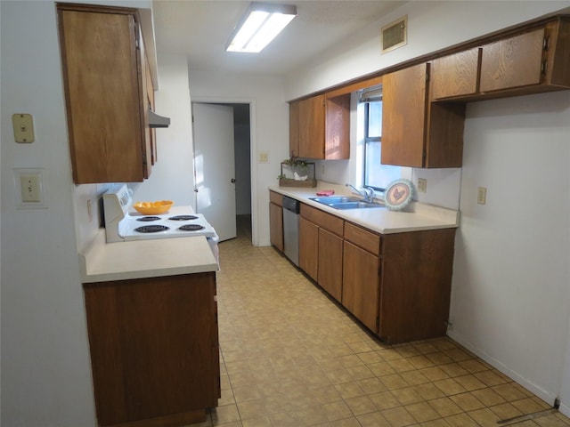 kitchen featuring white electric range oven, dishwasher, and sink