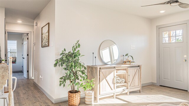 foyer featuring ceiling fan and wood-type flooring