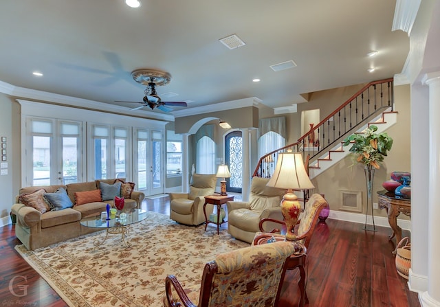 2906 Rue Orleans, Shreveport, LA 71119 - living room with dark wood-type flooring, ornamental molding, decorative columns, and ceiling fan