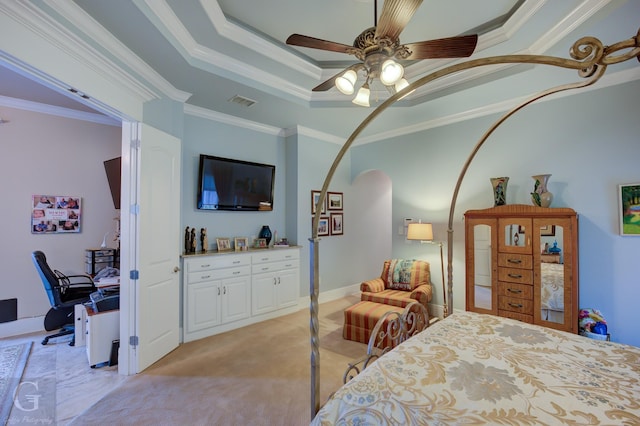 bedroom with ceiling fan and ornamental molding