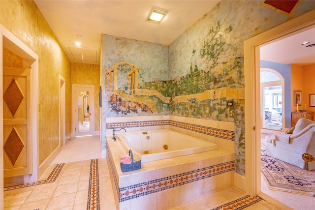 bathroom with a relaxing tiled tub