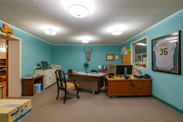 office area with carpet floors and crown molding