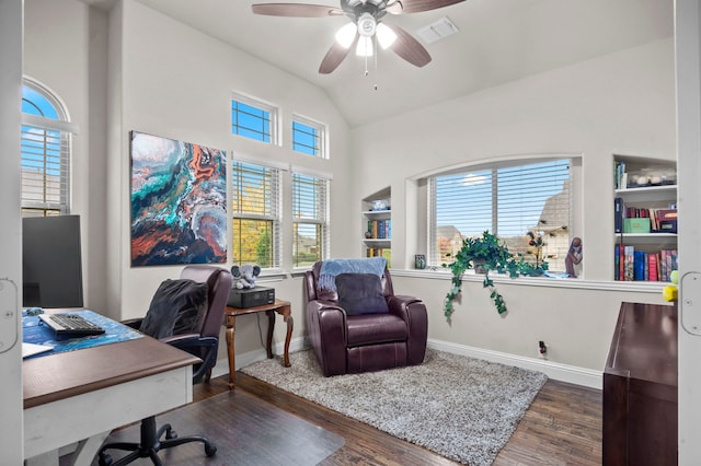 office area with lofted ceiling, ceiling fan, and dark hardwood / wood-style floors