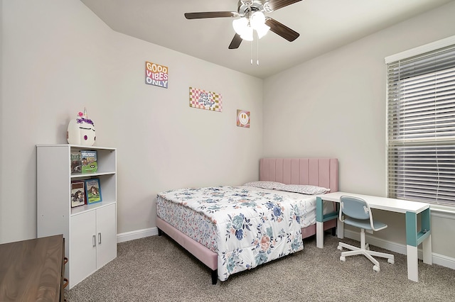 bedroom featuring a ceiling fan, radiator, carpet flooring, and baseboards