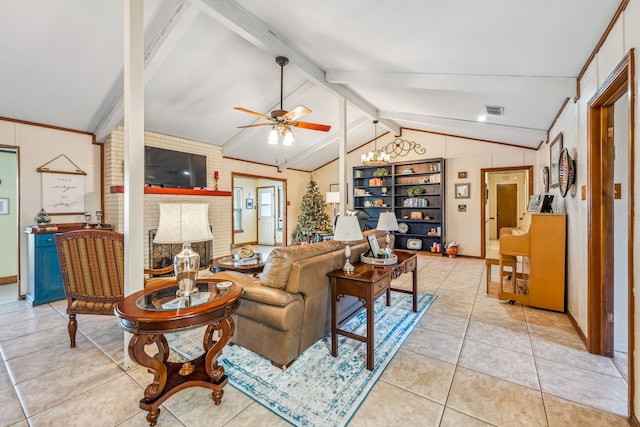 living room with light tile patterned floors, lofted ceiling with beams, and ceiling fan with notable chandelier