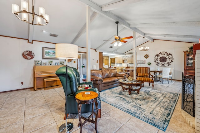 tiled living room with vaulted ceiling with beams and ceiling fan with notable chandelier