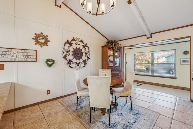 dining room with a notable chandelier, beam ceiling, light tile patterned floors, and high vaulted ceiling